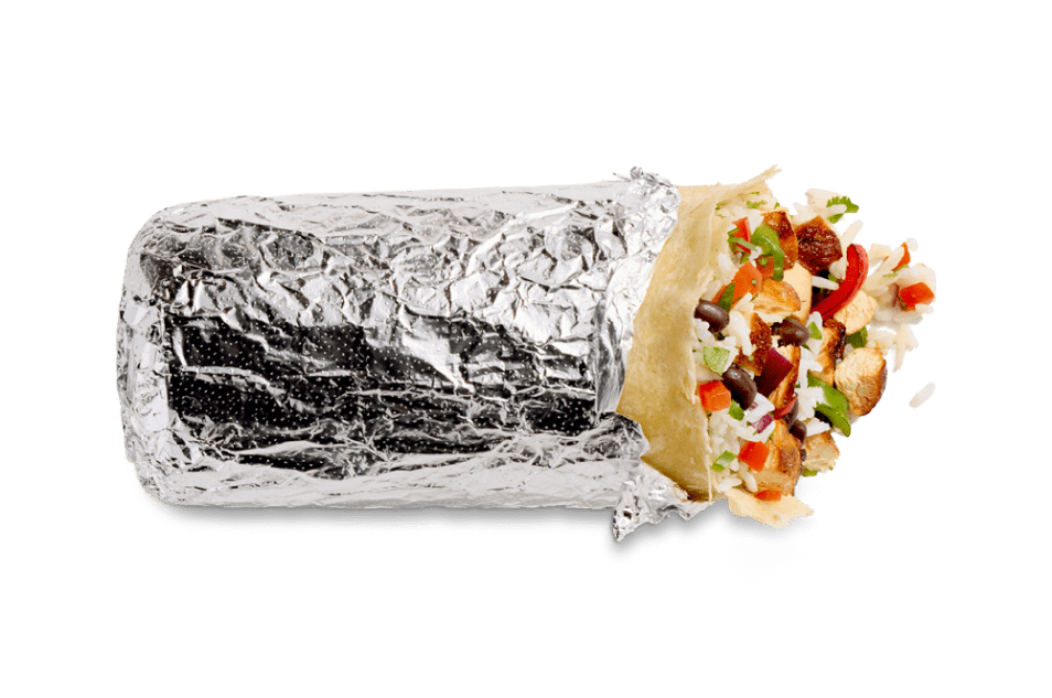 Chipotle burrito with chicken, rice, and beans